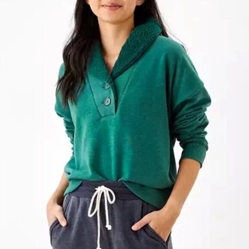 American Eagle Dark Green Sherpa Henley Sweatshirt Size XL Oversized Cabincore - Picture 1 of 12